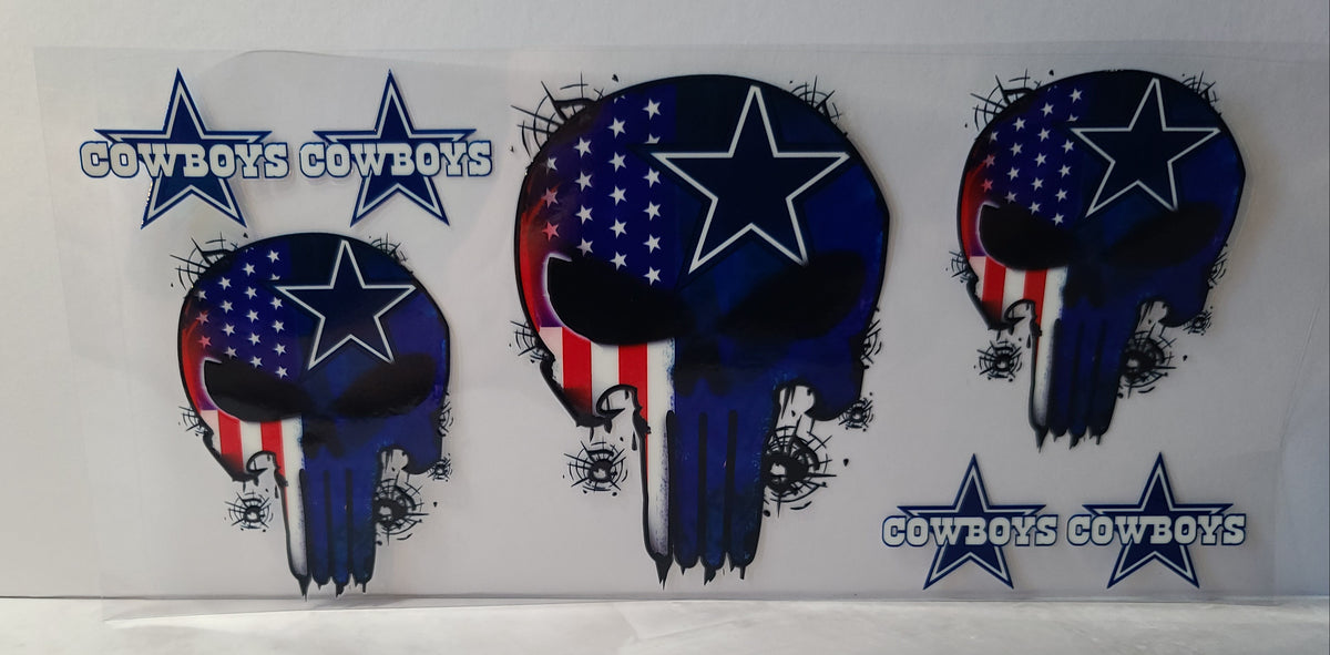 Navy and Silver Pro Football Cowboys Mascot UV DTF 16oz Cup Wrap Design 1 – Ready to Apply