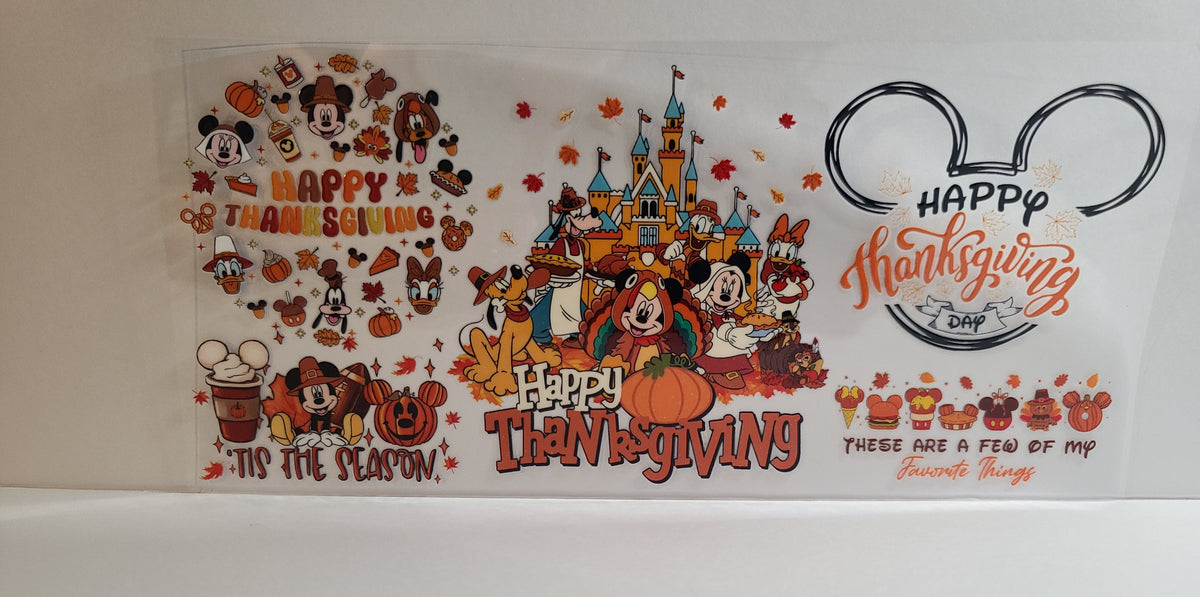 Round-Eared Friends Happy Thanksgiving UV DTF 16oz Cup Wrap Design 3 – Ready to Apply