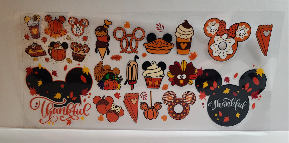 Round-Eared Iconic Mouse Happy Thanksgiving UV DTF 16oz Cup Wrap – Ready to Apply