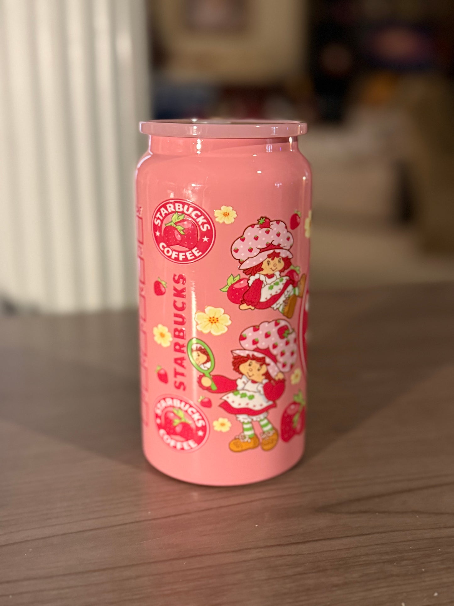 Strawberry-Themed Pink Starbucks-Inspired Cup - 16oz.