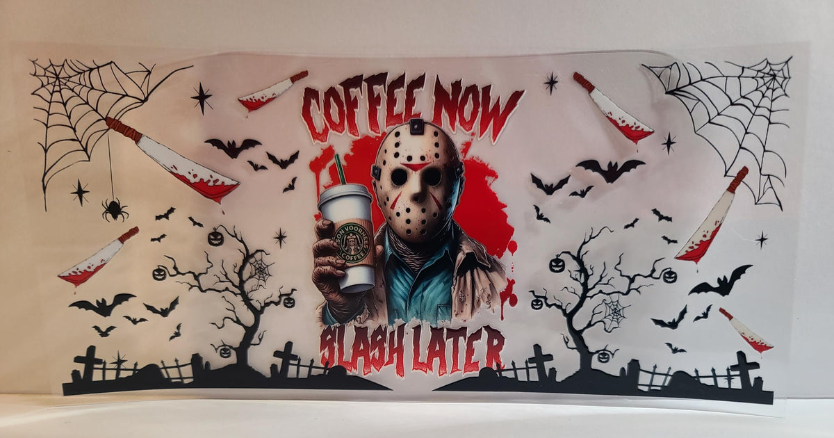 Hockey-Masked Slasher Coffee Lover UV DTF 16oz Cup Wrap – Ready to Apply