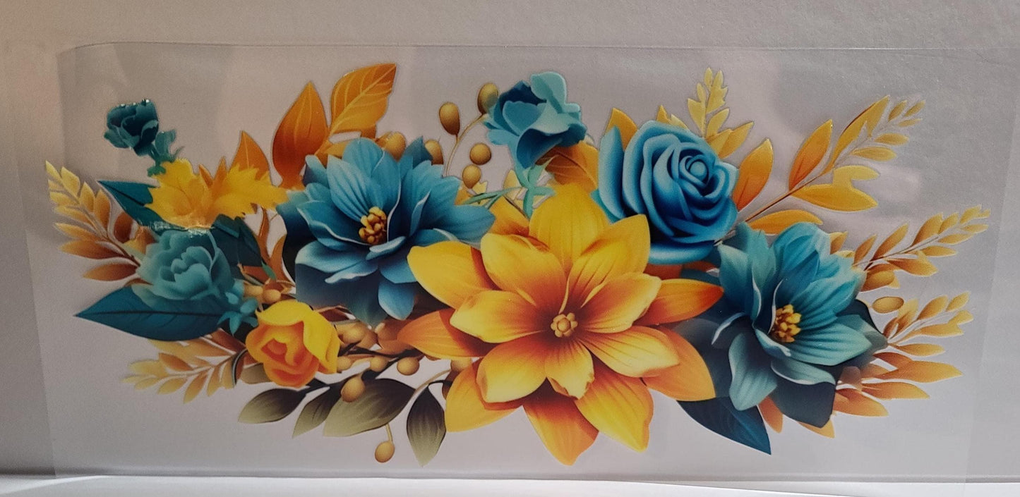 Floral 16oz Cup Wrap: Blue and Yellow Flower Design (FL44)