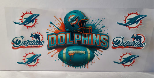 Aqua and Orange Pro Football Dolphins Mascot UV DTF 16oz Cup Wrap – Ready to Apply