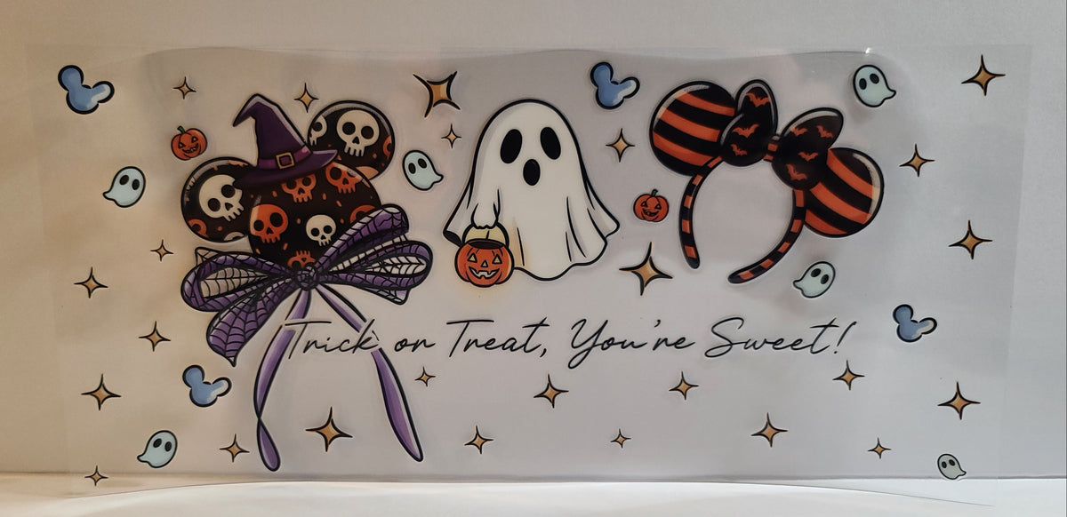 Round-Eared Ghost Trick or Treat Halloween UV DTF 16oz Cup Wrap – Ready to Apply