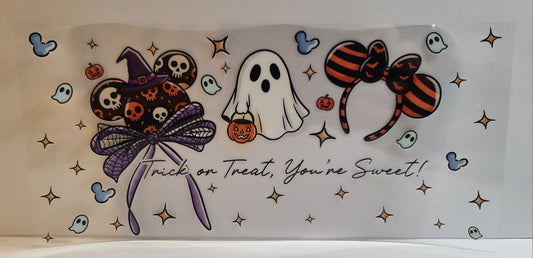 Round-Eared Ghost Trick or Treat Halloween UV DTF 16oz Cup Wrap – Ready to Apply