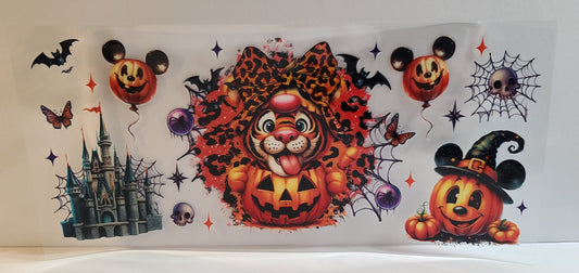 Bouncy Striped Tiger and Pumpkins Halloween UV DTF 16oz Cup Wrap – Ready to Apply