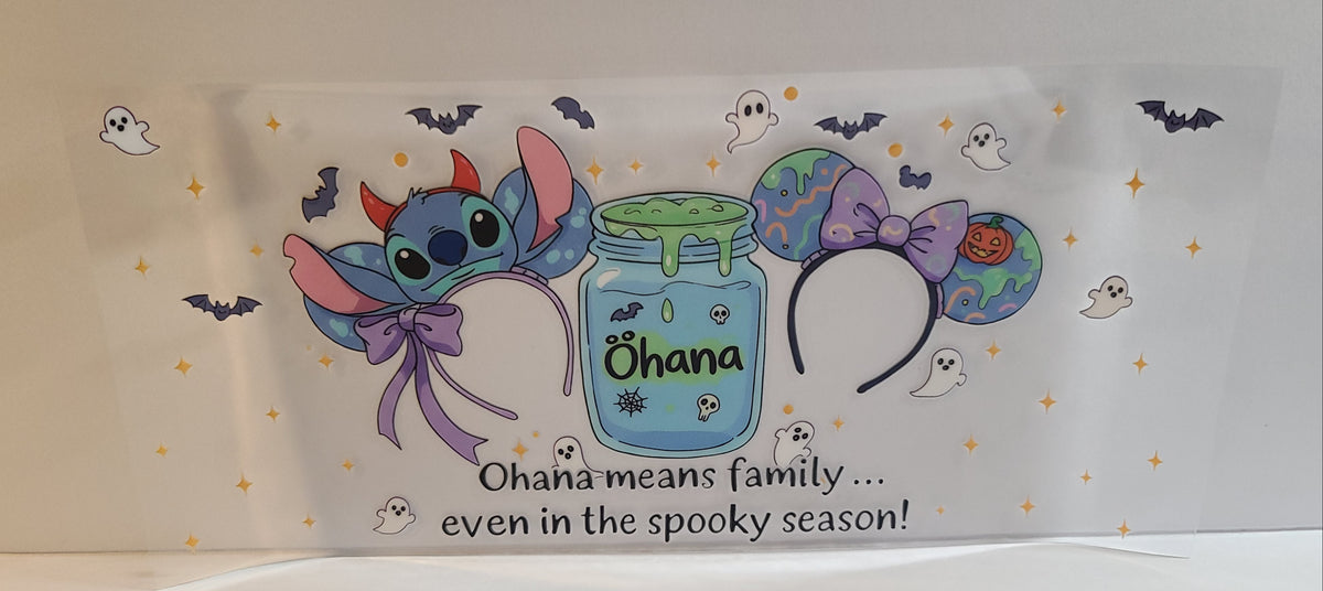 Blue Alien Creature Ohana Family Halloween UV DTF 16oz Cup Wrap – Ready to Apply