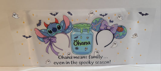 Blue Alien Creature Ohana Family Halloween UV DTF 16oz Cup Wrap – Ready to Apply