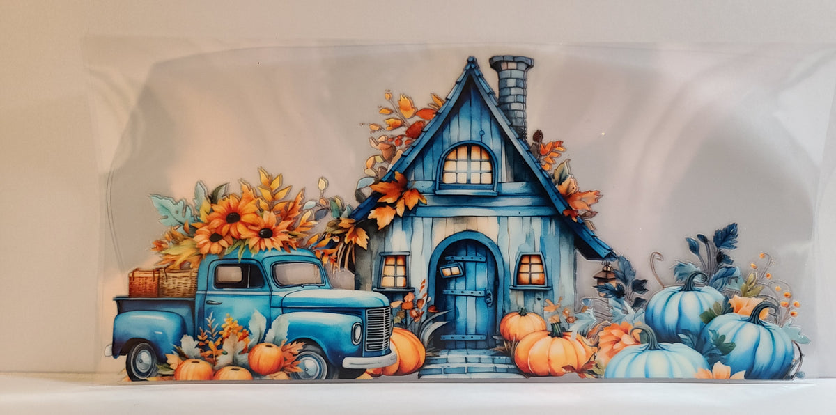 Blue Truck with Pumpkins Fall Halloween UV DTF 16oz Cup Wrap – Ready to Apply