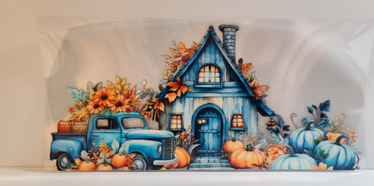 Blue Truck with Pumpkins Fall Halloween UV DTF 16oz Cup Wrap – Ready to Apply