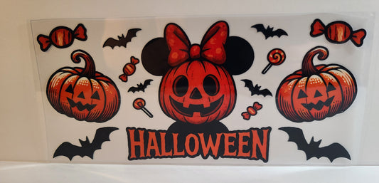 Pumpkin with Round Bow Ears Halloween UV DTF 16oz Cup Wrap – Ready to Apply