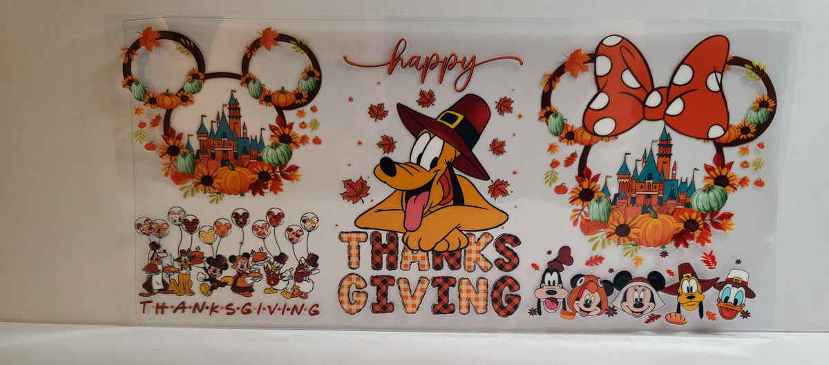 Round-Eared Friends and Lovable Orange Dog Happy Thanksgiving UV DTF 16oz Cup Wrap – Ready to Apply
