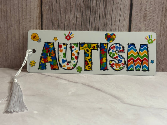 Autism doubled sided metal bookmark with white tassel
