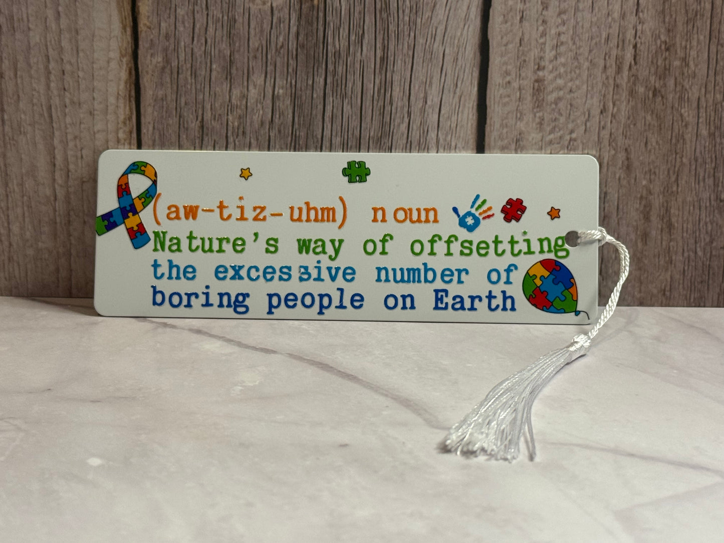 Autism doubled sided metal bookmark with white tassel