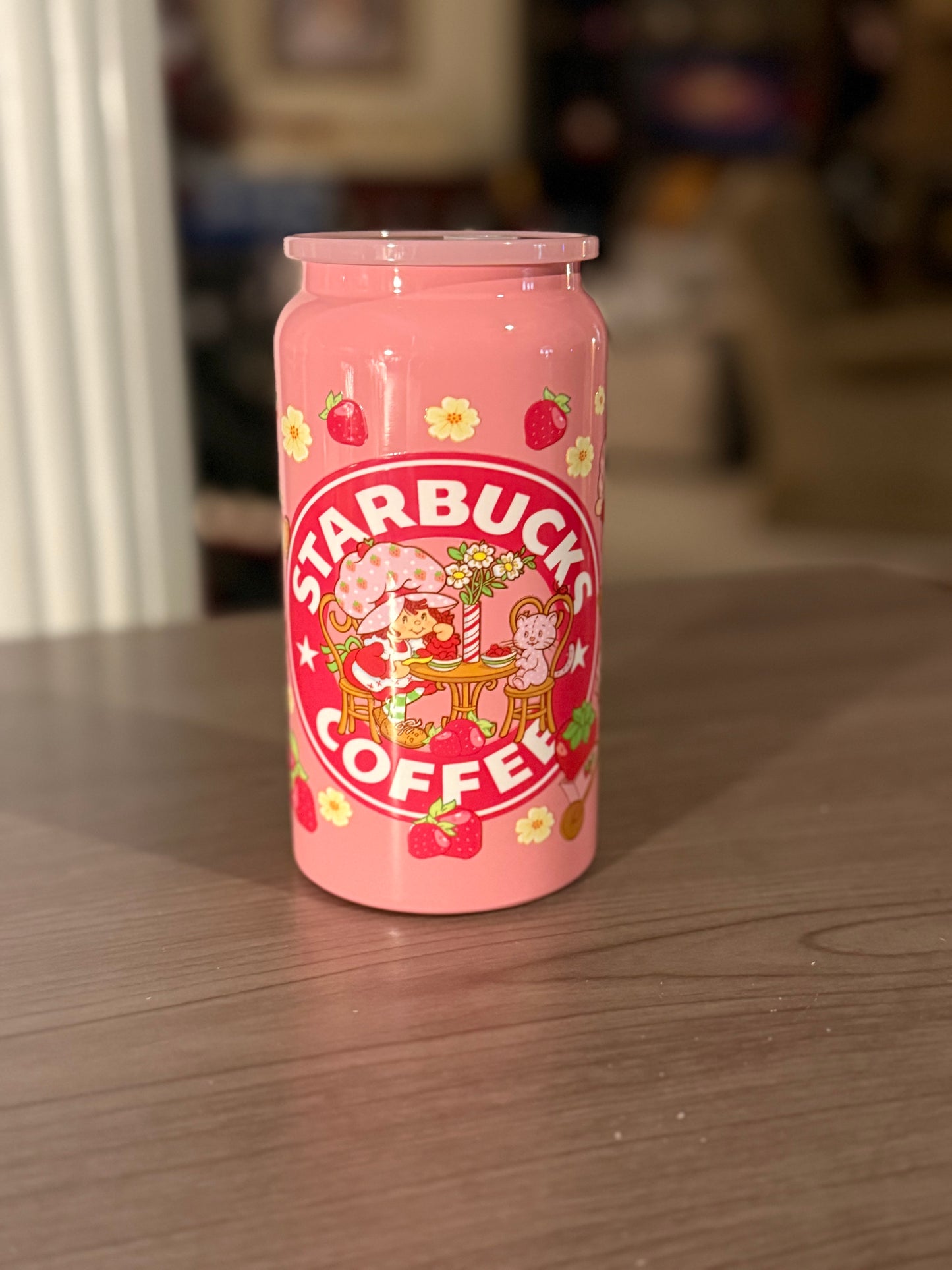 Strawberry-Themed Pink Starbucks-Inspired Cup - 16oz.