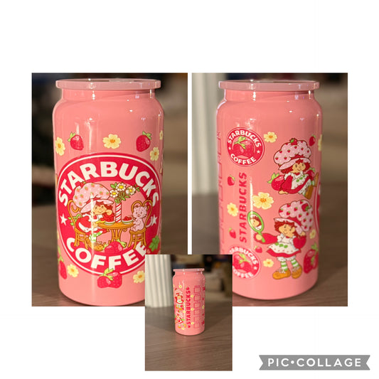 Strawberry-Themed Pink Starbucks-Inspired Cup - 16oz.