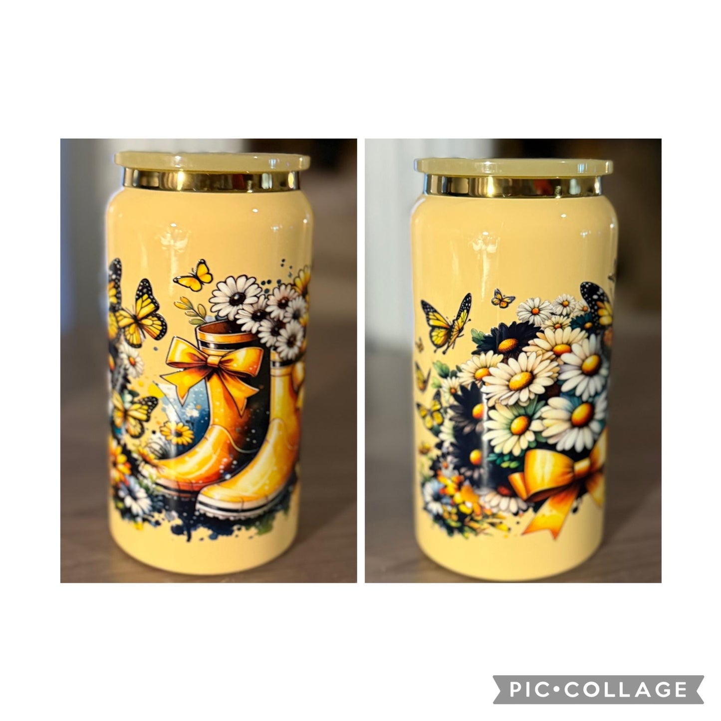 Sunny Daisy Rain Boots Glass Can  16oz Aesthetic Drinkware | Floral Butterfly Cup with Lid | Cute Spring/Summer Iced Coffee Glass