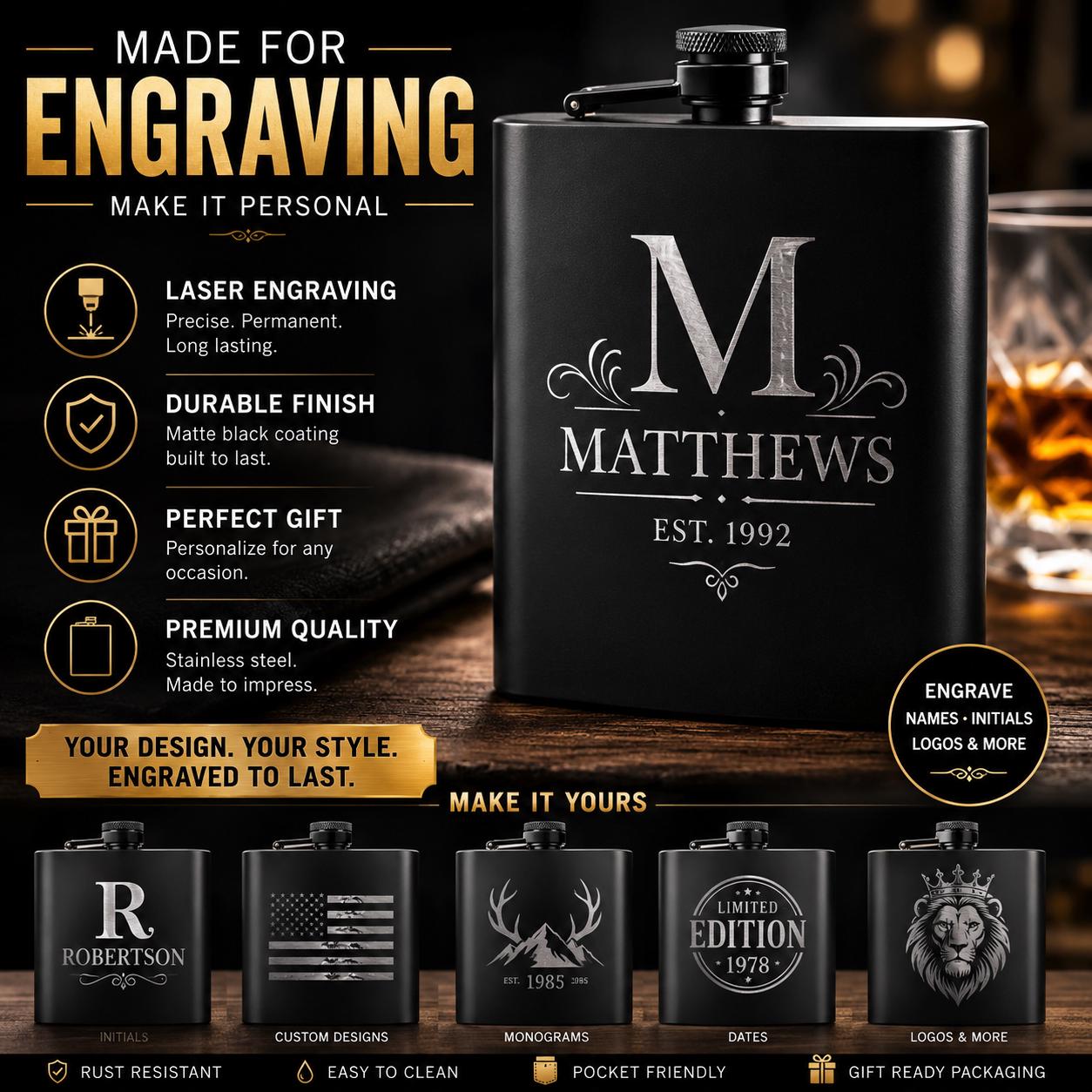 Custom Engraved Black Flasks - 8oz.