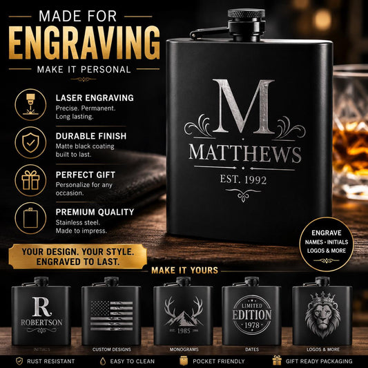 Custom Engraved Black Flasks - 8oz.