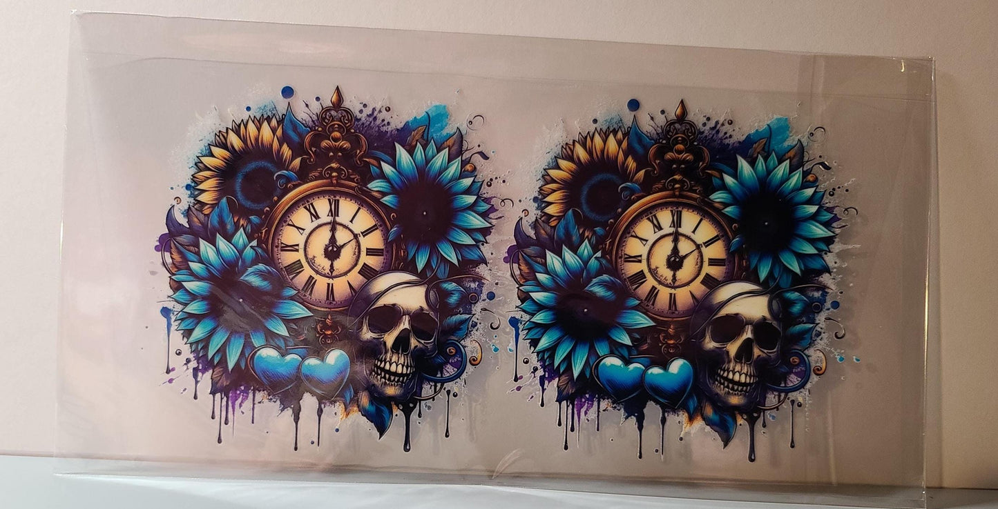 16oz Cup Wrap: Skull, Clock, Sunflowers, Hearts Design (FL05)
