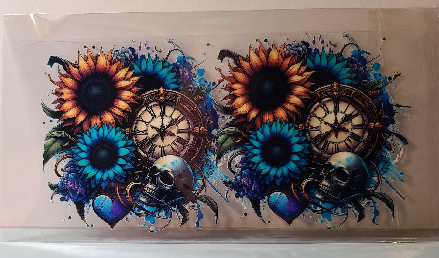 16oz Cup Wrap: Skulls, Sunflowers, Clocks, Gothic Floral Design (FL03)