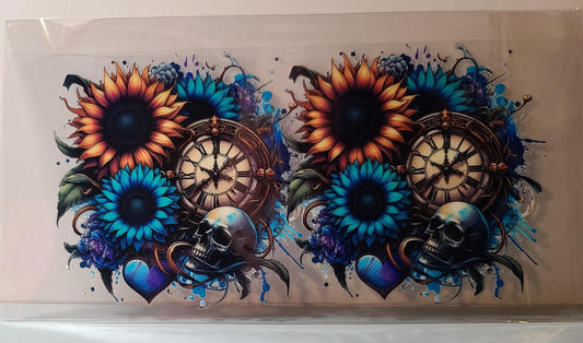 16oz Cup Wrap: Skulls, Sunflowers, Clocks, Gothic Floral Design (FL03)