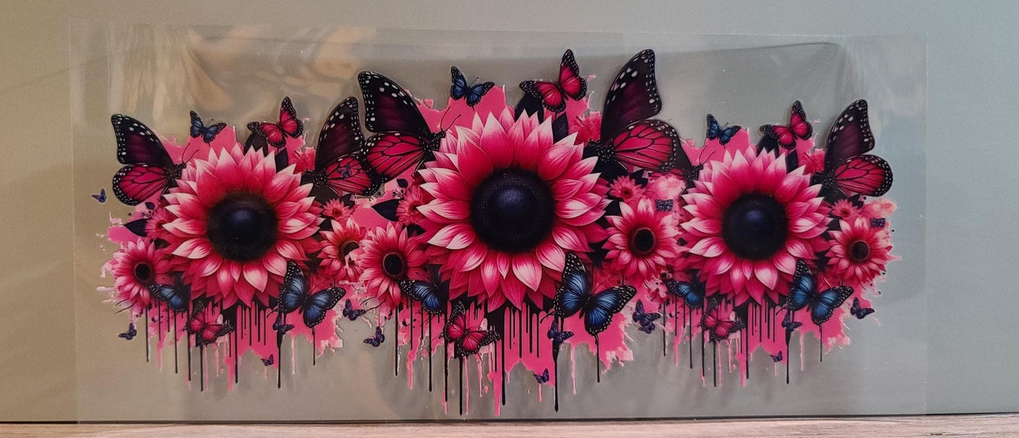 16oz Cup Wrap: Vibrant Pink and Gray Sunflowers with Dripping Effect (FL14)