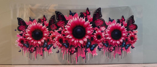 16oz Cup Wrap: Vibrant Pink and Gray Sunflowers with Dripping Effect (FL14)